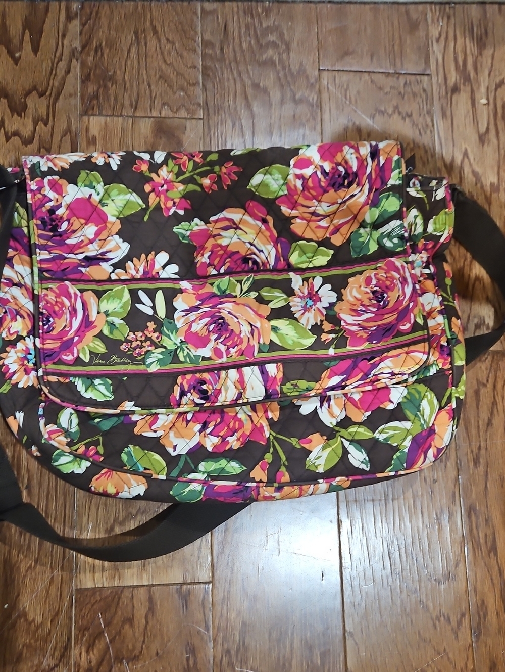 Vera Bradley Floral Quilted Crossbody in Brown with Pink & Orange Blooms